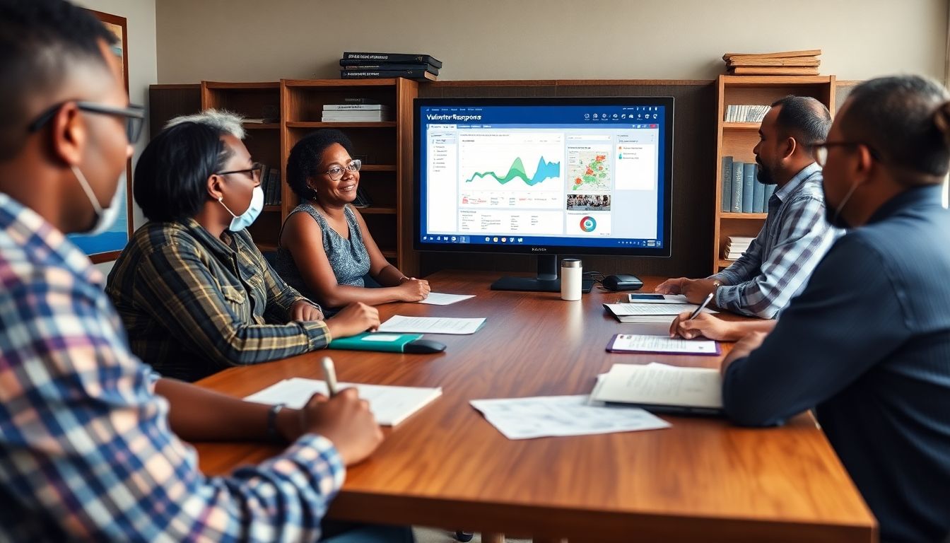 Depict a community meeting where leaders are using the dashboard to plan disaster response strategies, with a focus on vulnerable areas.