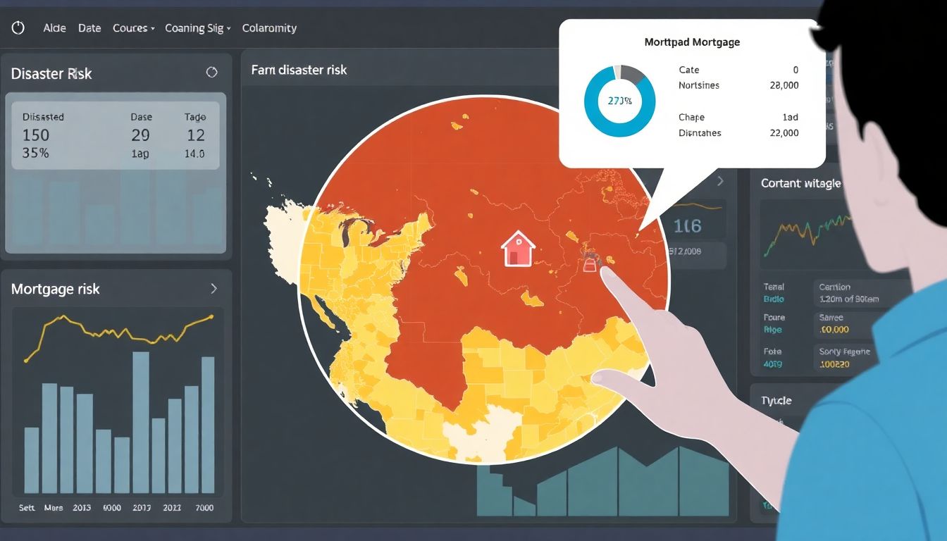 Illustrate a user interacting with the dashboard, zooming in on a specific region to view detailed disaster risk and mortgage data.