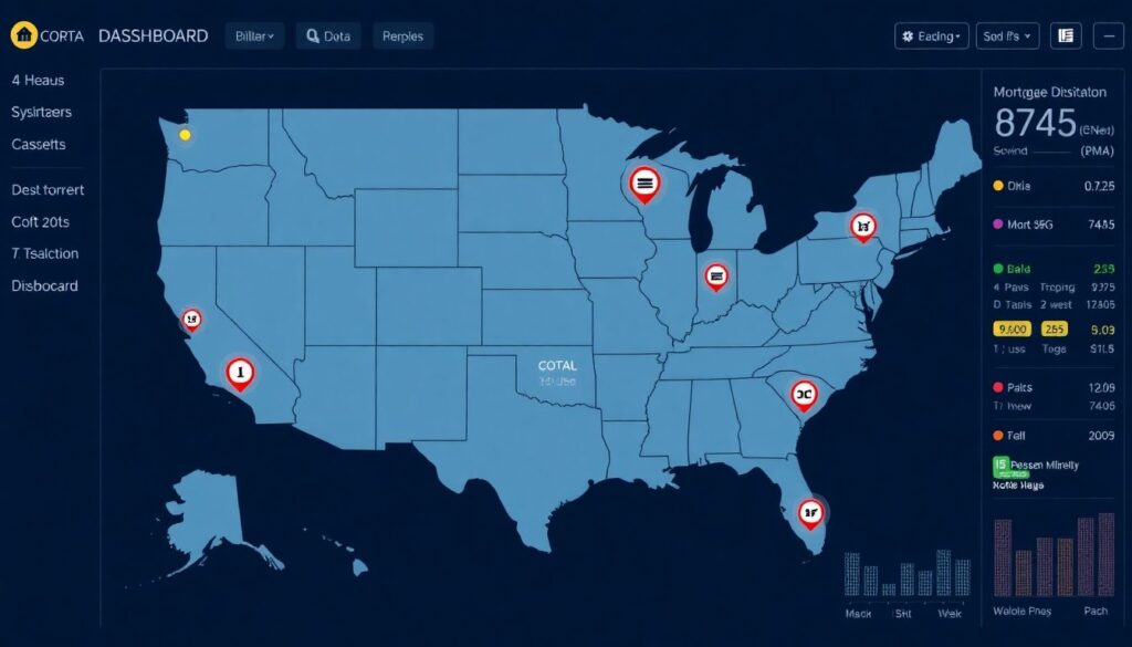 Create an image of a digital dashboard displaying a map of the United States with various natural disaster icons and mortgage loan data points highlighted in different colors.