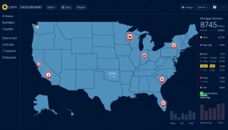 Create an image of a digital dashboard displaying a map of the United States with various natural disaster icons and mortgage loan data points highlighted in different colors.