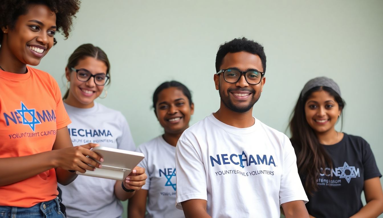 Depict a diverse group of NECHAMA volunteers working side by side, with some wearing Jewish symbols and others not, emphasizing the unity and inclusivity of the organization.