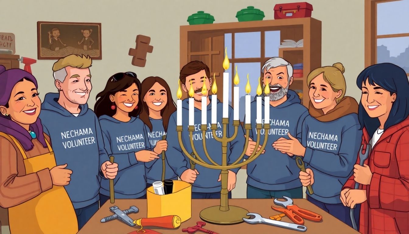 Illustrate a group of NECHAMA volunteers lighting a menorah together in a cozy community setting, with smiles on their faces and tools nearby, symbolizing their dedication to both their faith and their volunteer work.