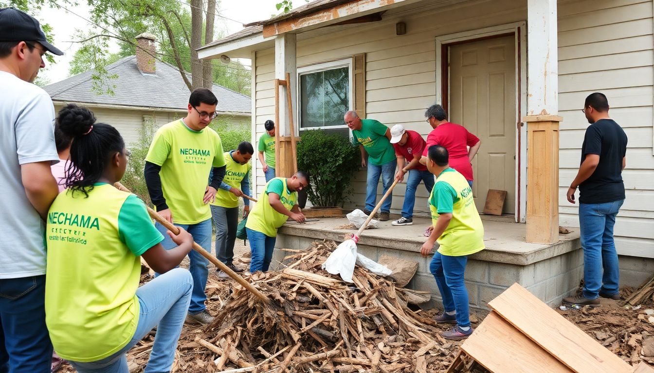 Create an image of NECHAMA volunteers working alongside members of other local organizations, all pitching in to clean up debris and repair a damaged home, showcasing the power of community partnerships.