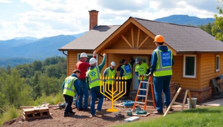 Create an image of volunteers from NECHAMA Jewish Response to Disaster working together to rebuild a home in a scenic Western North Carolina landscape, with the Blue Ridge Mountains in the background. The volunteers should be wearing safety gear and working with tools, while a symbol of Hanukkah, such as a menorah, is subtly incorporated into the scene.