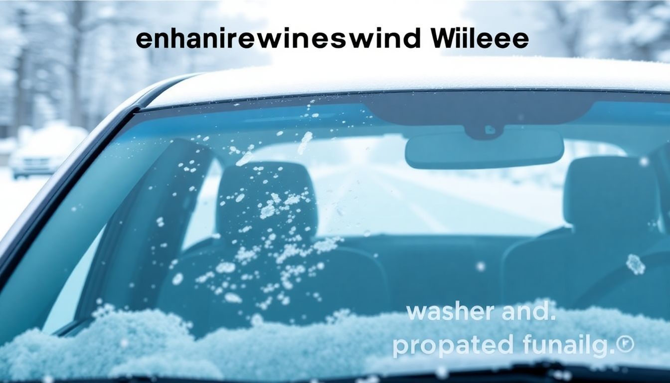 Depict a car with clear windshield wipers and properly rated washer fluid, driving through a snowy road.