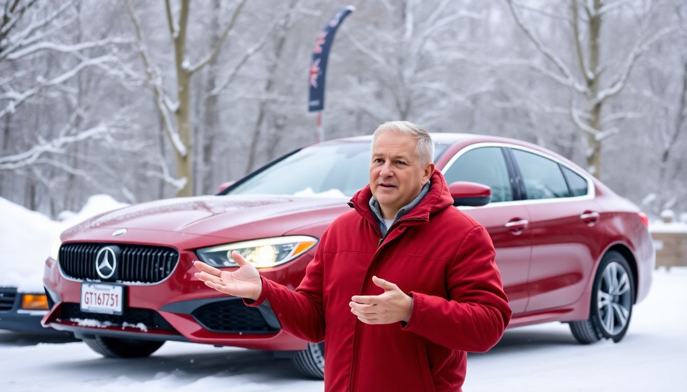 Create an image of Jeremy Cooper giving a talk on winter driving preparation, with visual aids of car maintenance tips.