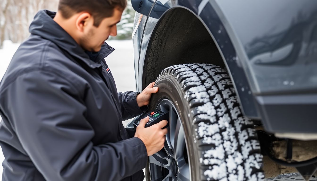 Show a mechanic inspecting a car's battery, tires, and cooling system in a winter setting.