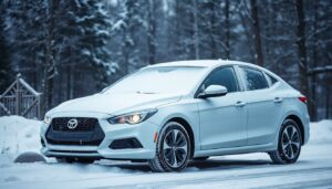 Create an image of a winter scene with a car being prepared for snowy conditions, including checks on tires, battery, and windshield wipers.