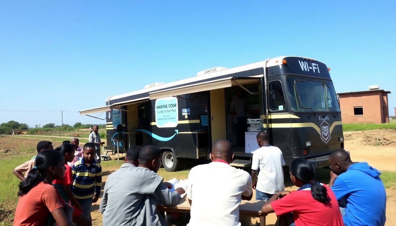 A mobile learning hub equipped with Wi-Fi and computers parked in a rural area, with students gathered around using the resources.