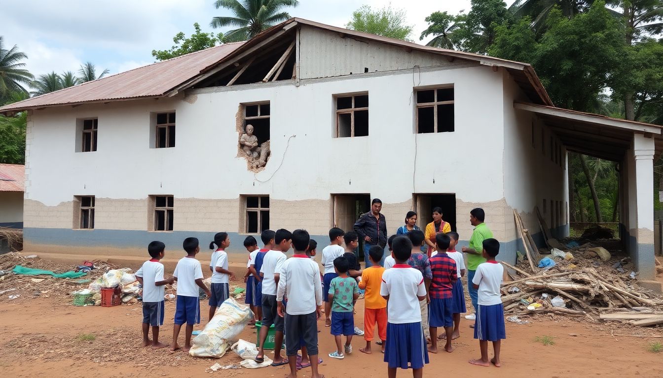 A rural school building damaged by a natural disaster, with students and teachers working together to clean up and rebuild.