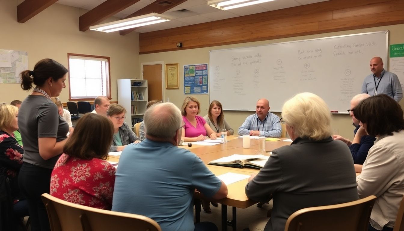 A community meeting where teachers, parents, and local officials are discussing disaster preparedness plans for the school.