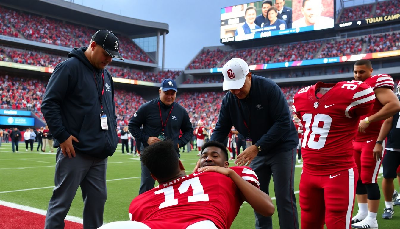 Create an image of Tua Tagovailoa receiving medical attention on the field, with concerned teammates and coaches looking on. The stadium should be filled with anxious fans, and the scoreboard should show a close game.