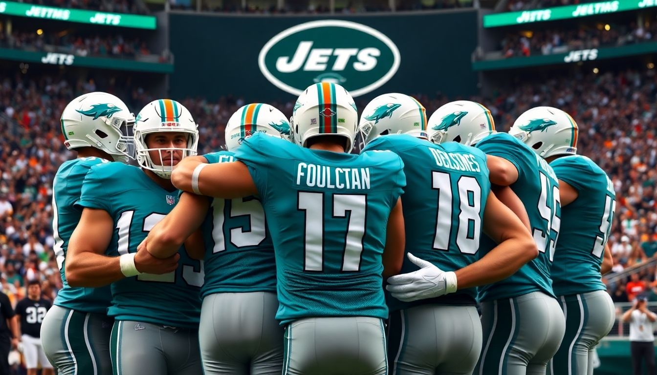 Create an image of the Dolphins huddled together, arms around each other, with a steely determination in their eyes. The Jets logo should be visible in the background, and the stadium should be filled with eager fans.