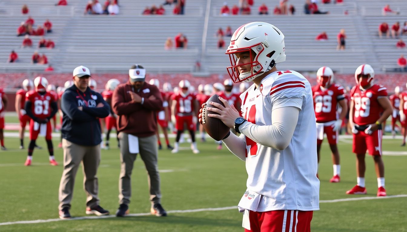 Generate an image of Tyler Huntley taking snaps during practice, with Coach Mike McDaniel and other coaches watching intently. The practice field should be bustling with activity, and the team's determination should be palpable.