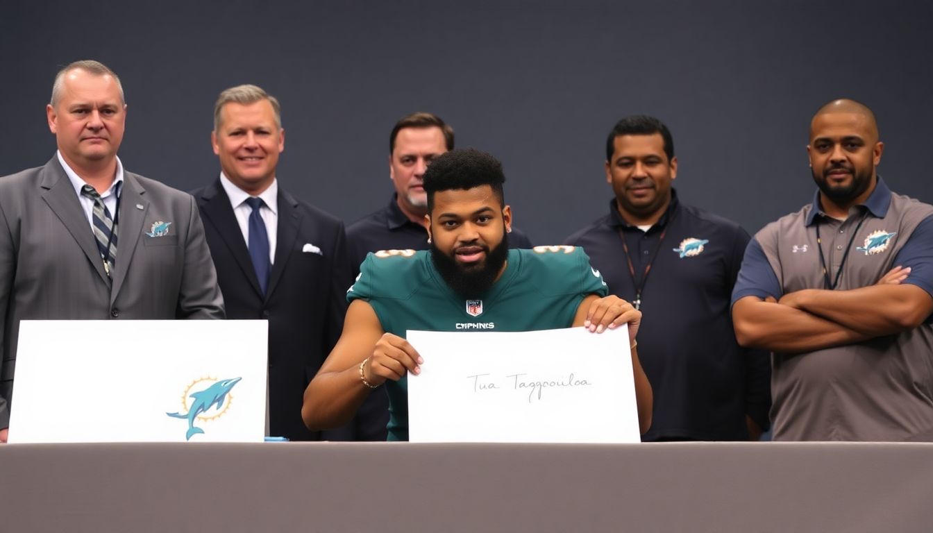 Generate an image of Tua Tagovailoa signing his contract extension, with Dolphins executives and coaches looking on proudly. The background should hint at the weight of expectations and the uncertainty that lies ahead.