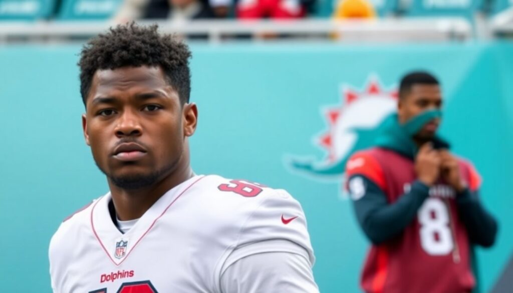 Generate an image of Tua Tagovailoa on the sidelines, looking determined but slightly concerned, with Tyler Huntley warming up in the background. The Dolphins logo should be prominently featured, and the overall tone should be one of uncertainty and anticipation.