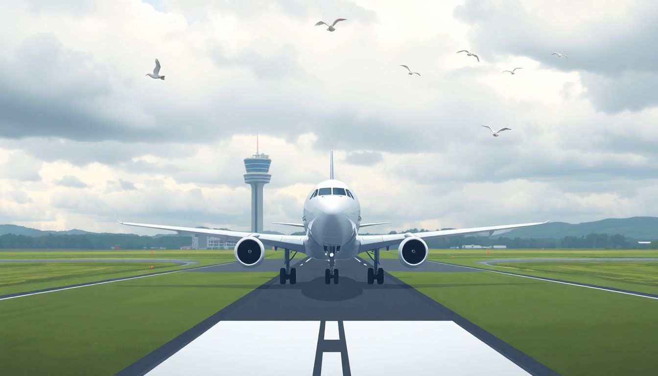 Create an illustration of a plane approaching a runway with air traffic control tower in the background, under a cloudy sky with birds flying nearby.