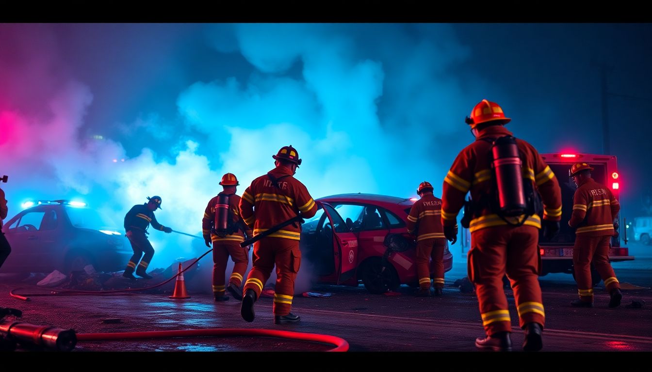 Generate an image of firefighters and rescue personnel working at the crash site, with a focus on the intensity and urgency of their actions.