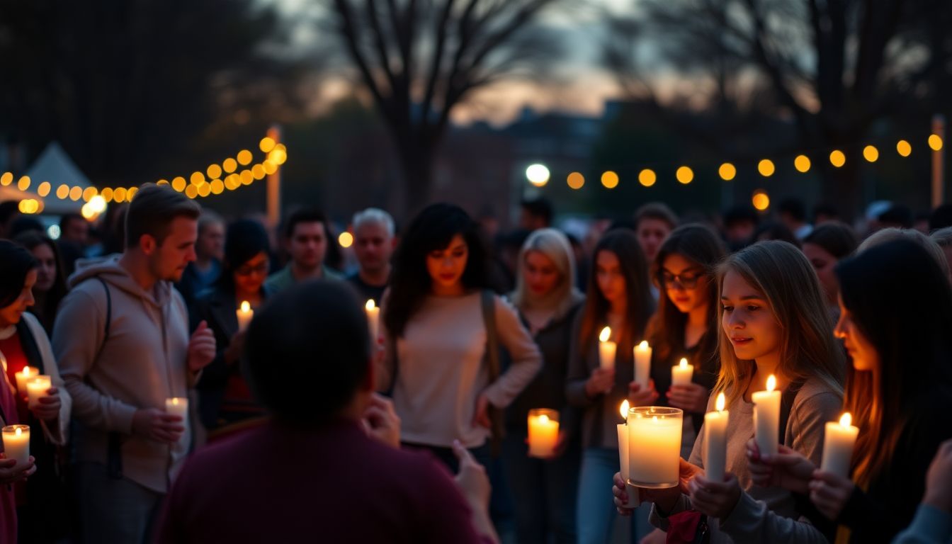 Generate an image of a community gathering to honor the victims, with candles and a sense of unity and support.