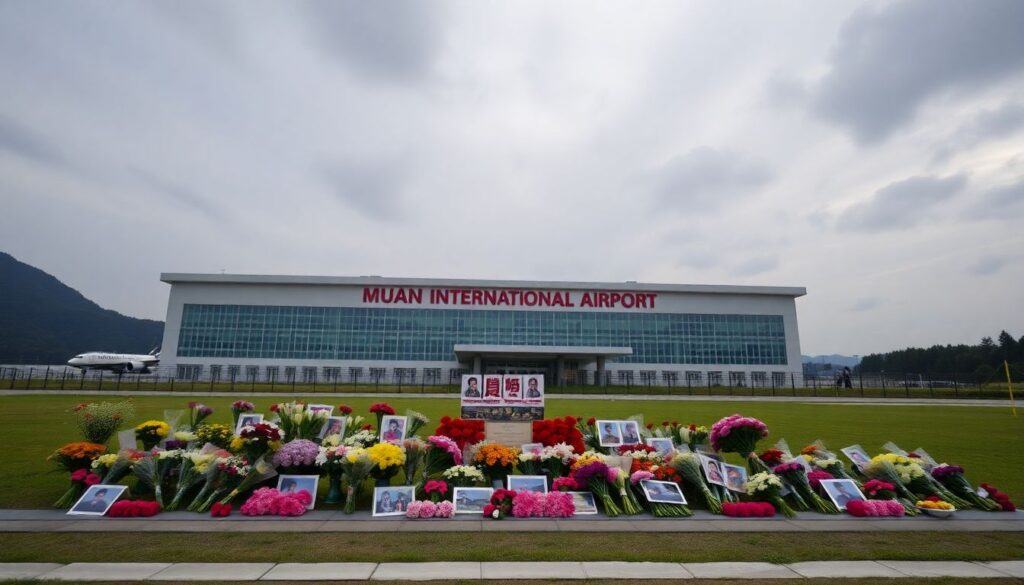 Generate an image of a memorial site at Muan International Airport, with flowers and photos of the victims, under a somber sky.