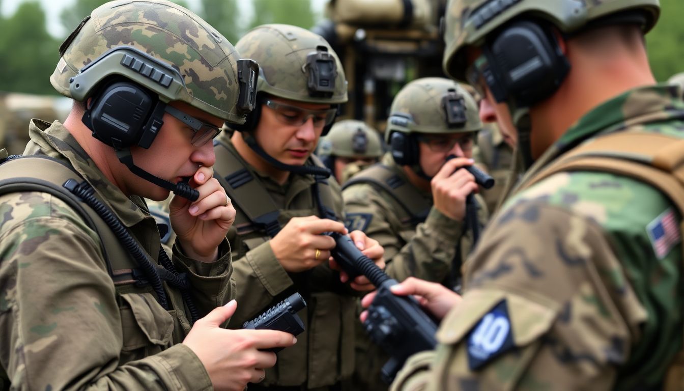 Depict military personnel using radios and other communication devices to coordinate their efforts during the exercise.