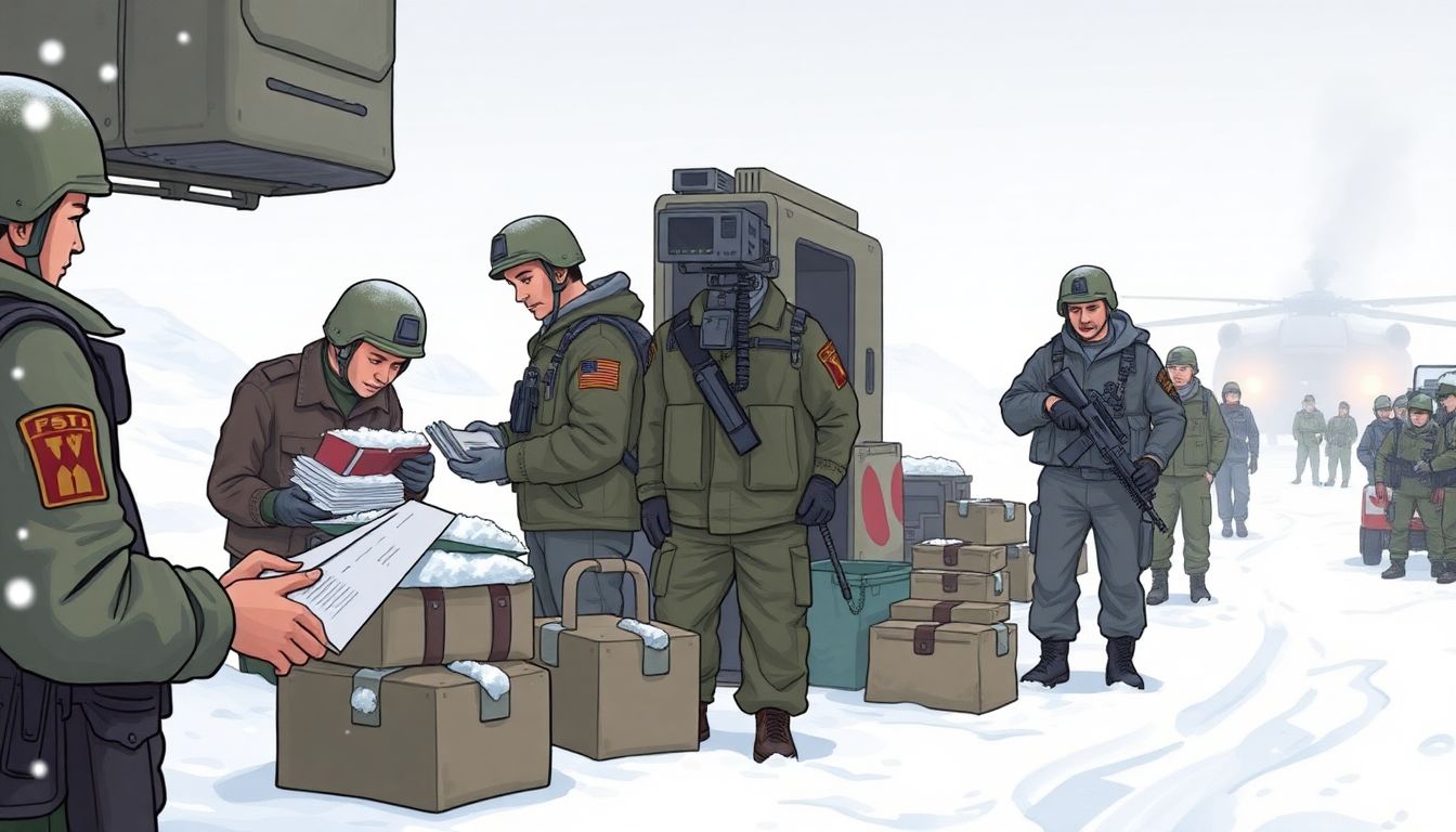 Illustrate military personnel checking emergency supplies, operating communication equipment, and coordinating evacuation efforts in a snowy environment.