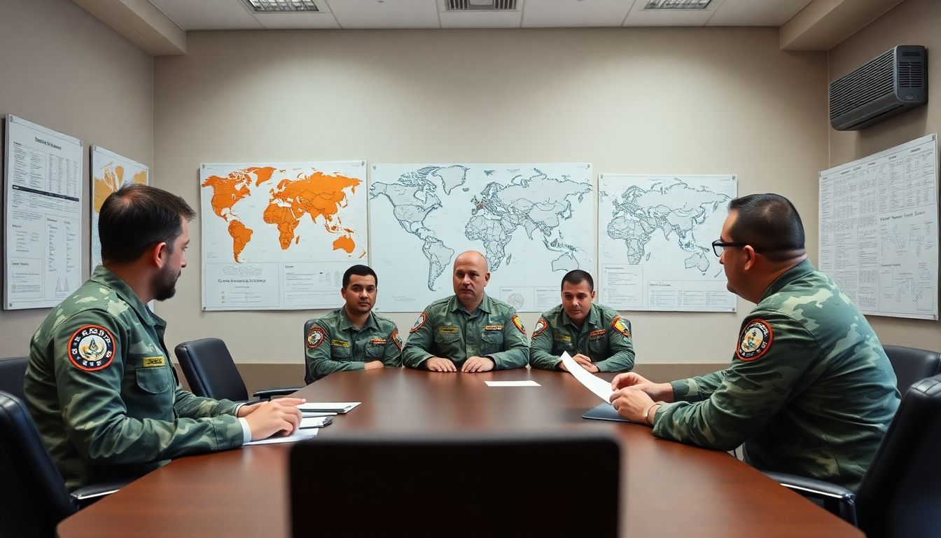 Create an image of a meeting room with military personnel discussing strategies and plans, with maps and charts on the walls.