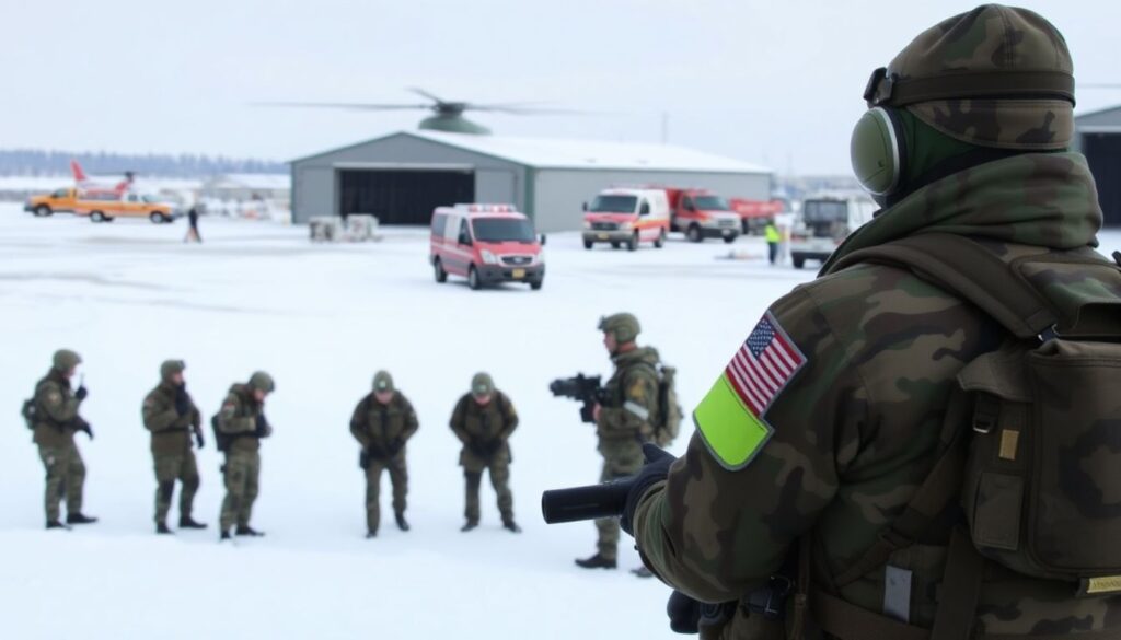 Generate an image of military personnel in winter gear conducting a disaster response exercise on a snowy airbase, with emergency vehicles and communication equipment in the background.