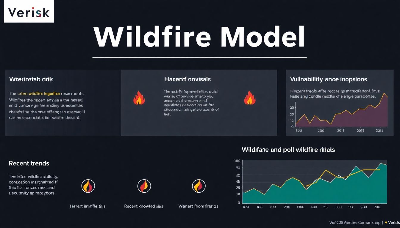 Create a visual representation of the Verisk Wildfire Model, showcasing key components like hazard knowledge, vulnerability assessments, and recent trends in wildfire risks.