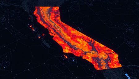 Create an image showcasing a futuristic map of California with data analytics and wildfire risk assessments overlaid, symbolizing the integration of advanced technology in insurance ratemaking.