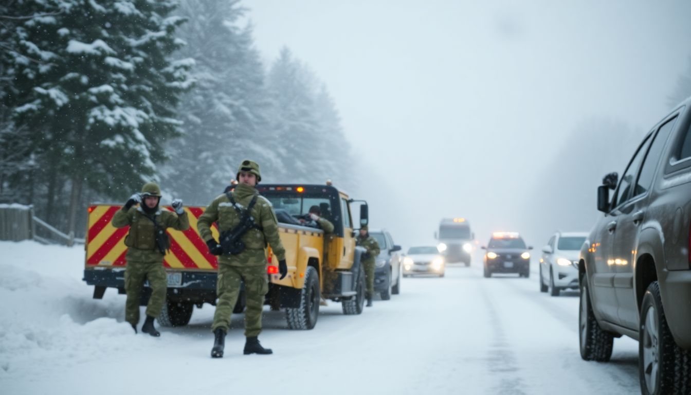 Create an image of a snowstorm with National Guard members working together to clear roads and assist stranded vehicles.