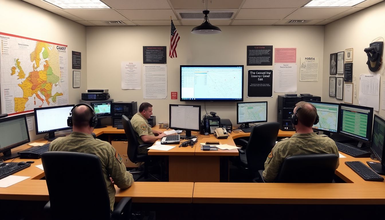 Generate an image of the Emergency Operations Center with maps, communication equipment, and National Guard members coordinating efforts.