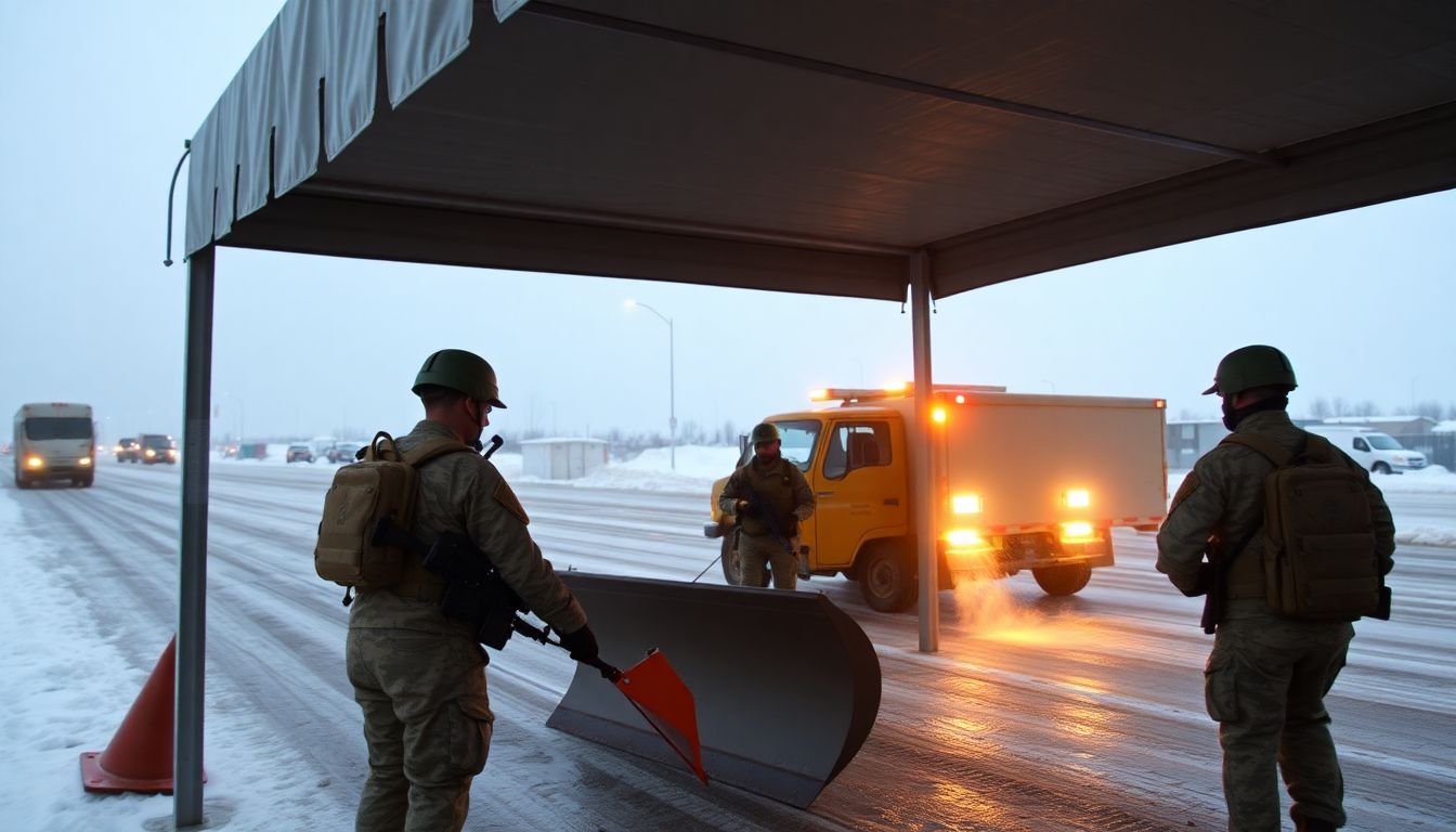Create an image of National Guard members setting up emergency shelters and deploying plows and evacuation transport resources.