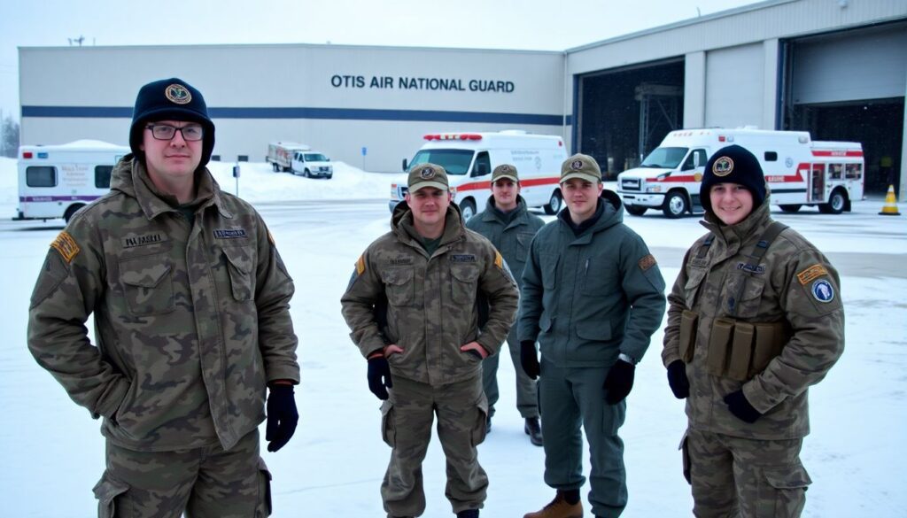 Generate an image of National Guard members in winter gear, standing in front of a snow-covered Otis Air National Guard Base, with emergency vehicles and equipment in the background.