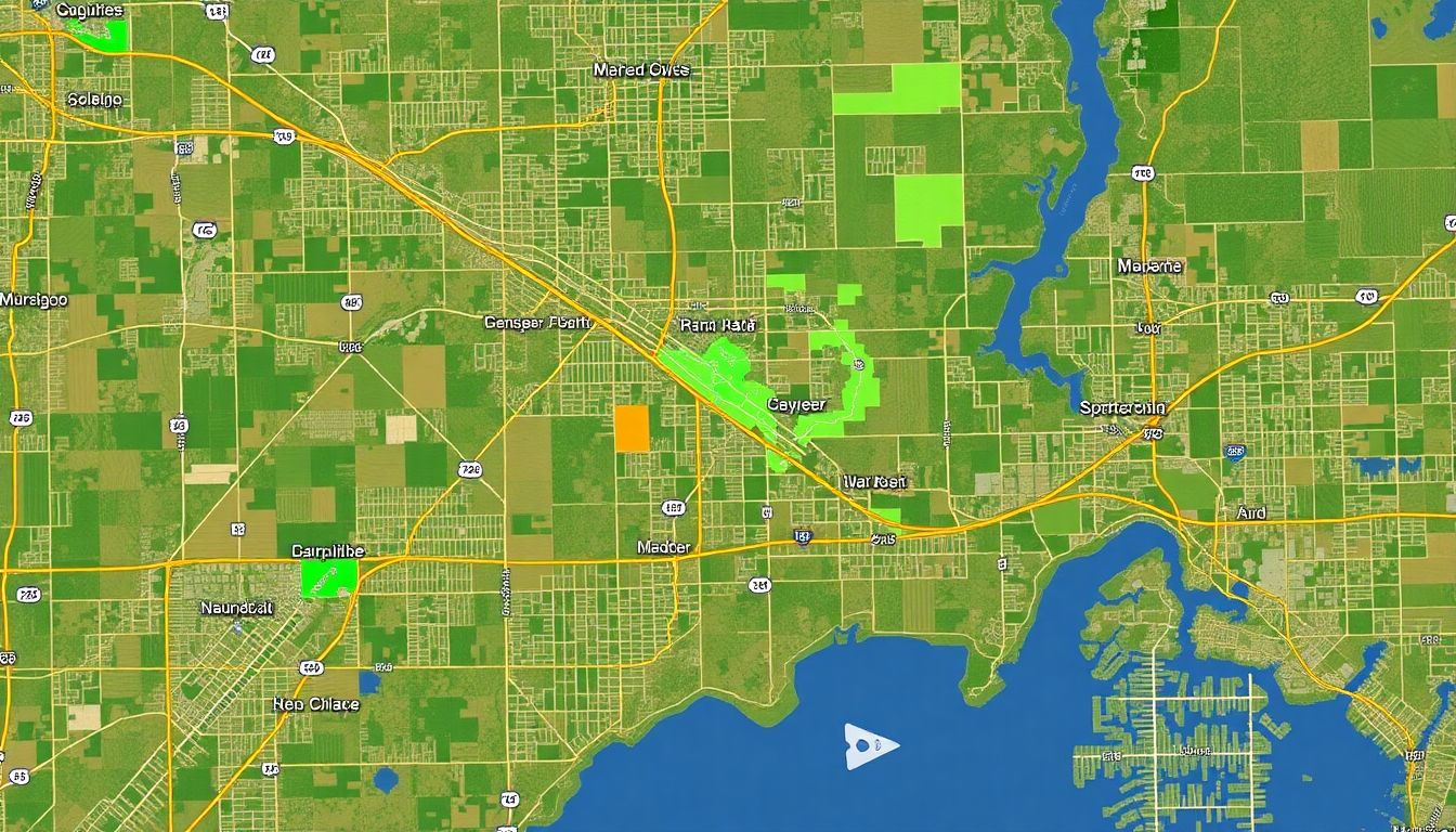 Generate an image of storm-damaged roads, bridges, and buildings in rural and urban areas of Missouri.