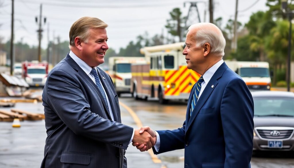 Create an image of Governor Mike Parson and President Joe Biden shaking hands, with a backdrop of storm-damaged infrastructure and emergency response vehicles.