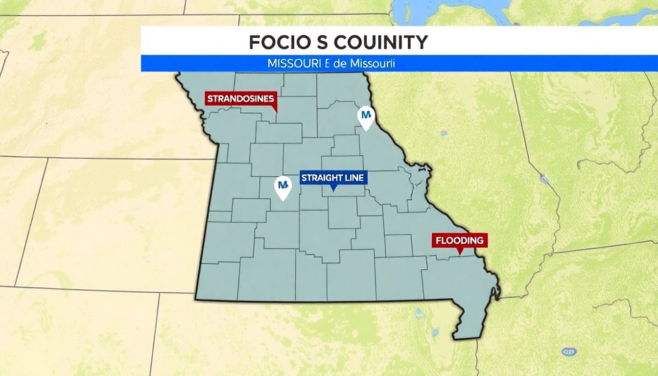 A map of Missouri highlighting the affected counties, with icons representing tornadoes, straight-line winds, and flooding.