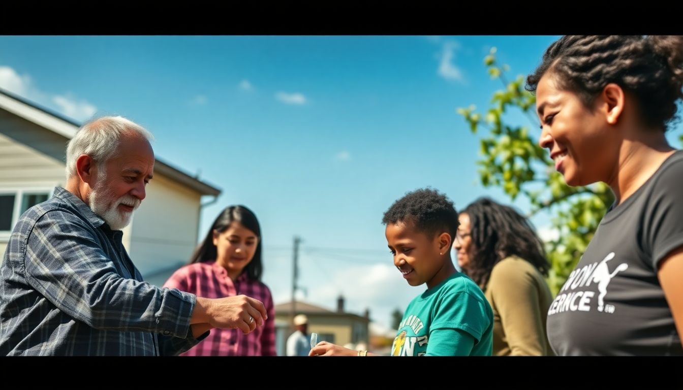 Heartwarming images of community members working together to rebuild, with a focus on the spirit of cooperation and support.