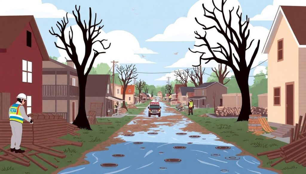 An illustration showcasing the aftermath of the storms in Missouri, with FEMA workers assisting the affected communities, and a glimpse of the repair and reconstruction efforts underway.