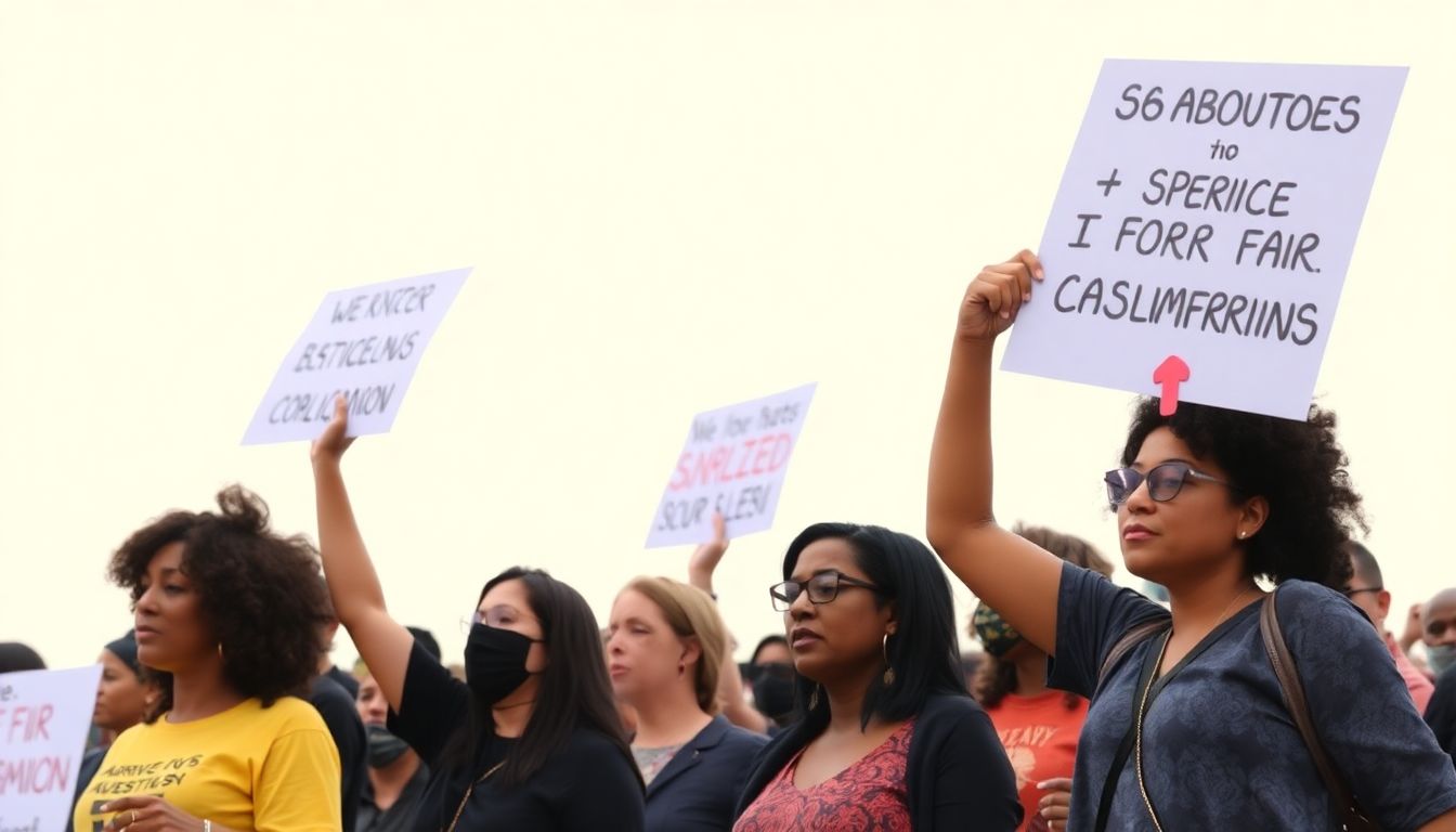 Generate an image of survivors and activists protesting, demanding justice and fair compensation.