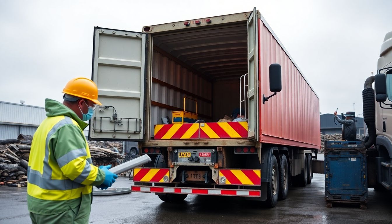 Create an image of workers in protective gear preparing the leak-proof, fire-resistant trucks for the waste transportation.