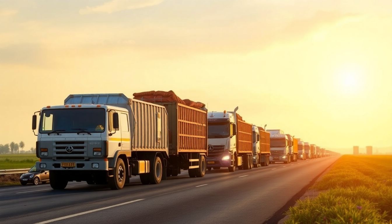 Create an image of the Pithampur incineration facility, with the convoy of trucks arriving under heavy security.