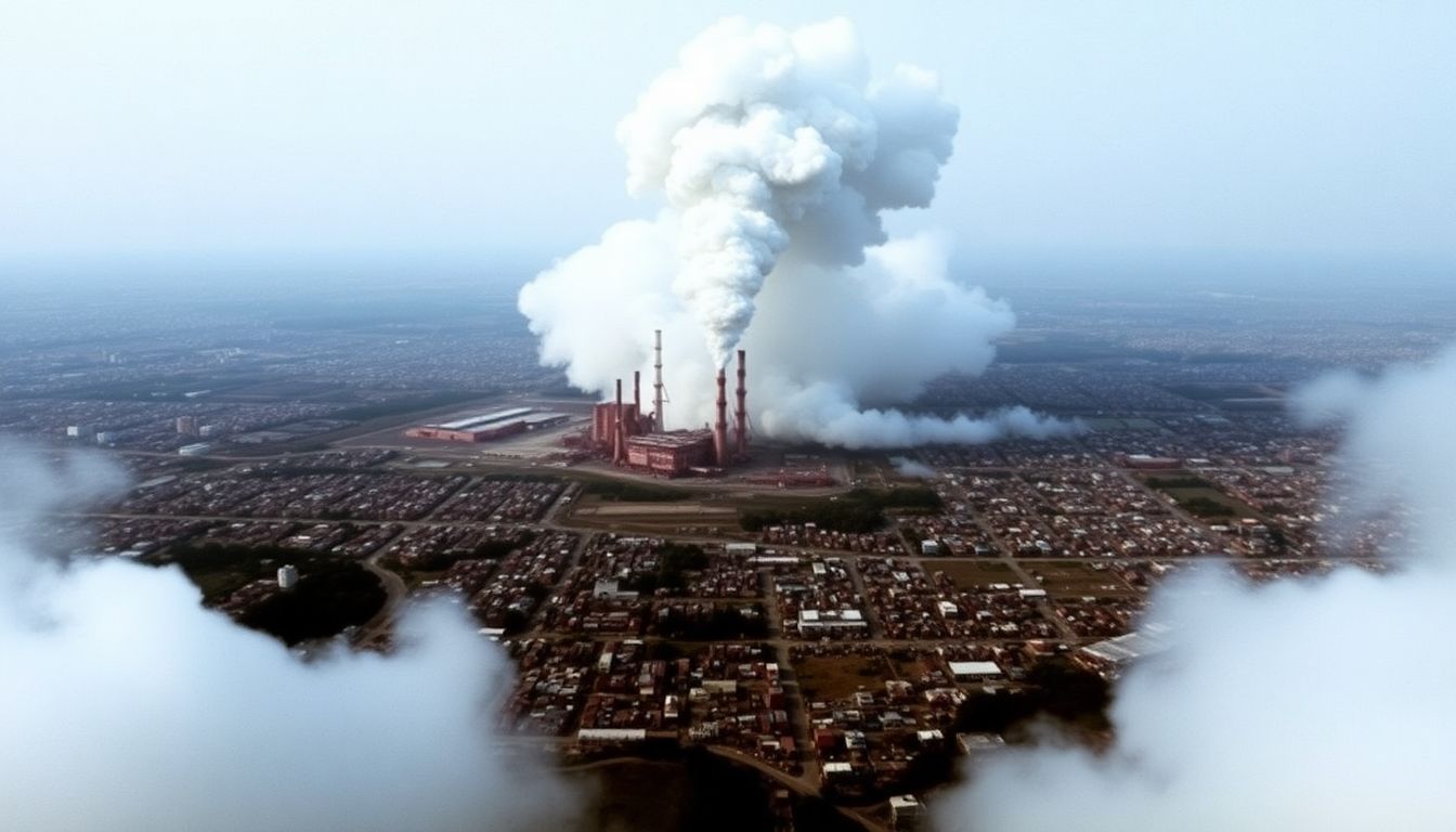 Generate an image of the Bhopal Union Carbide plant in 1984, with a dense cloud of gas spreading over the city.