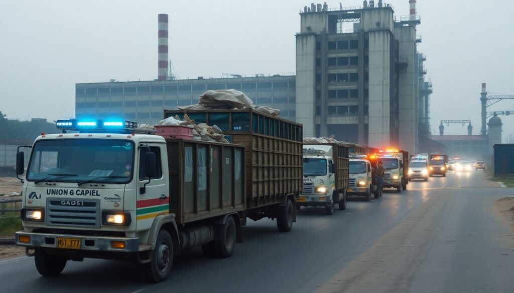 Create an image depicting the convoy of trucks carrying hazardous waste from the Bhopal Union Carbide plant, escorted by emergency vehicles and security personnel, against the backdrop of the derelict factory.