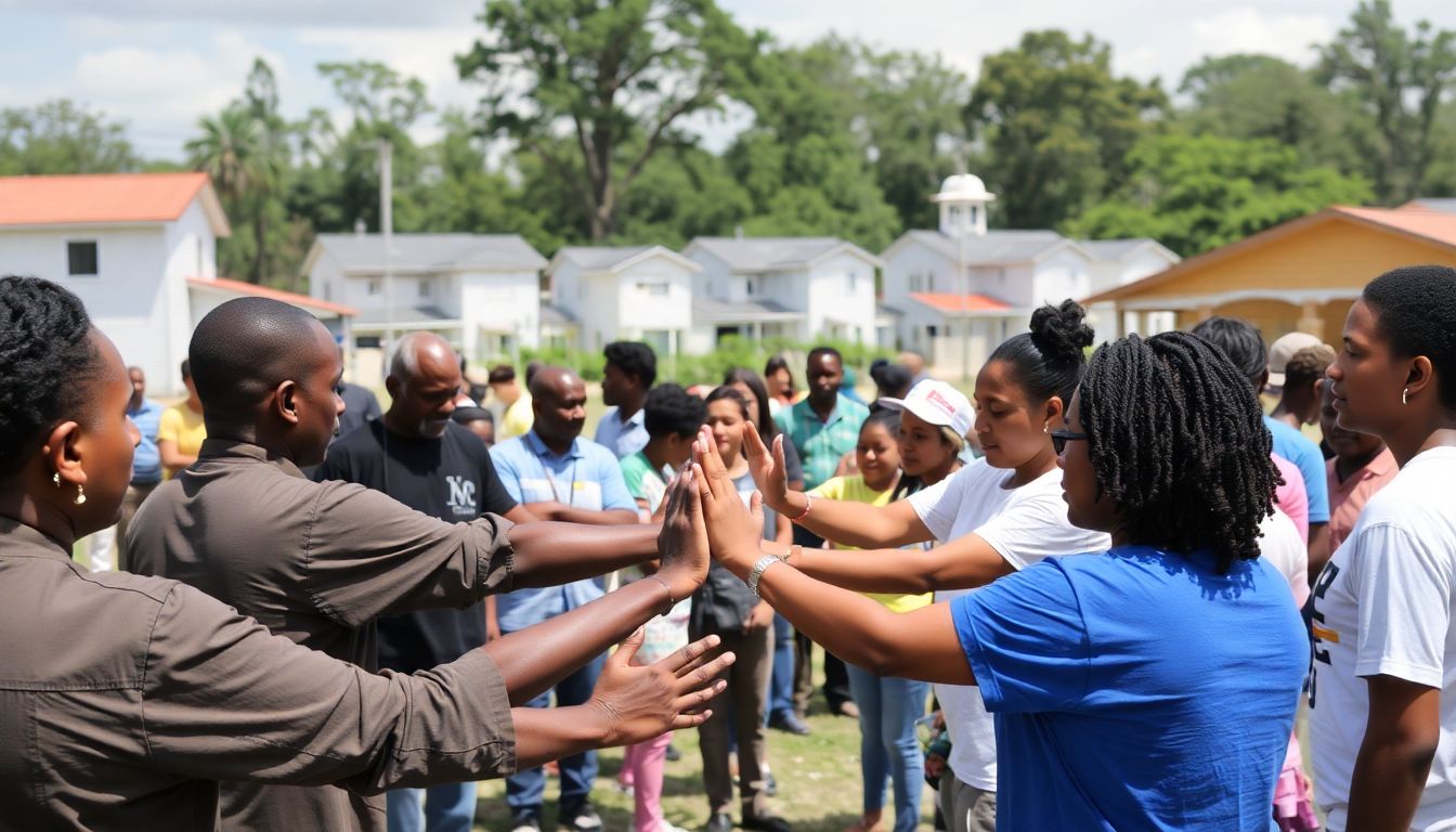 A group of volunteers and community members joining hands in prayer, with a backdrop of rebuilt homes and a vibrant, hopeful atmosphere.