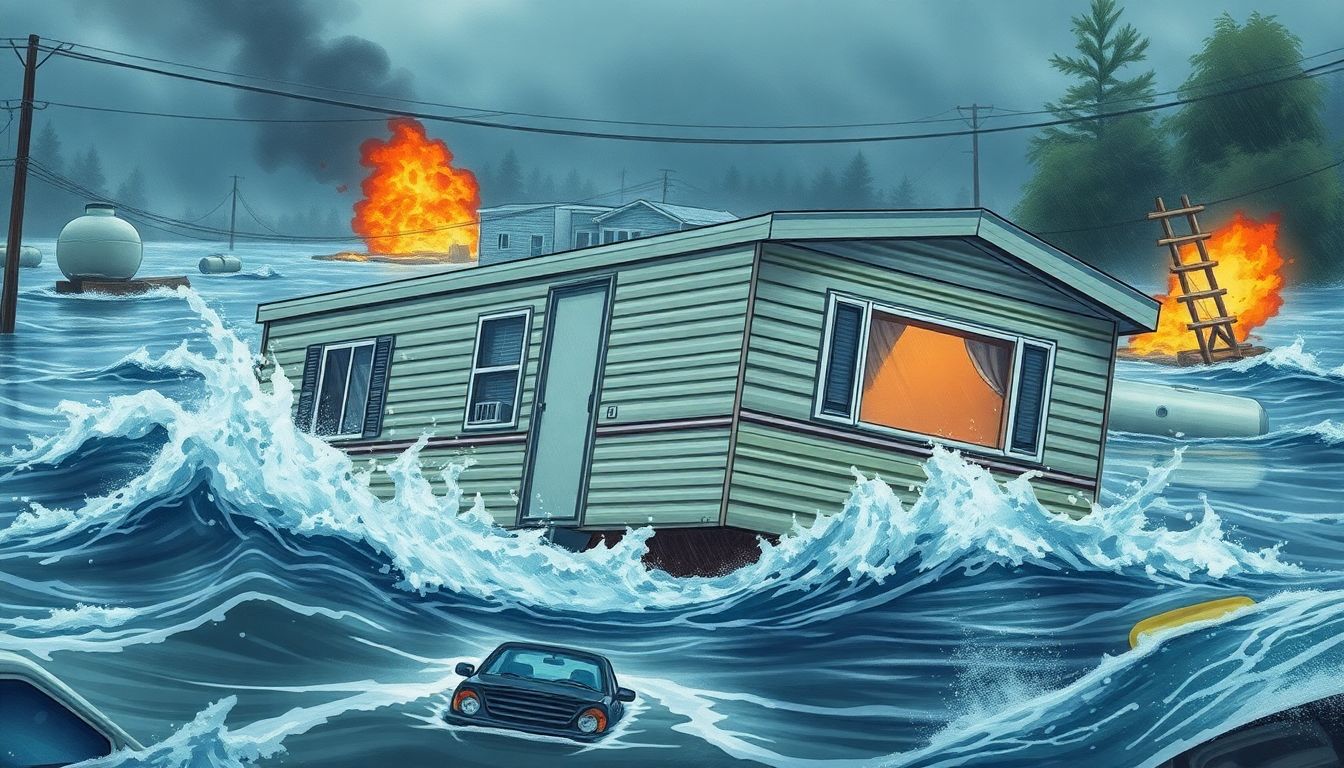 A dramatic illustration of a mobile home being swept away by raging floodwaters, with debris and propane tanks exploding in the background.