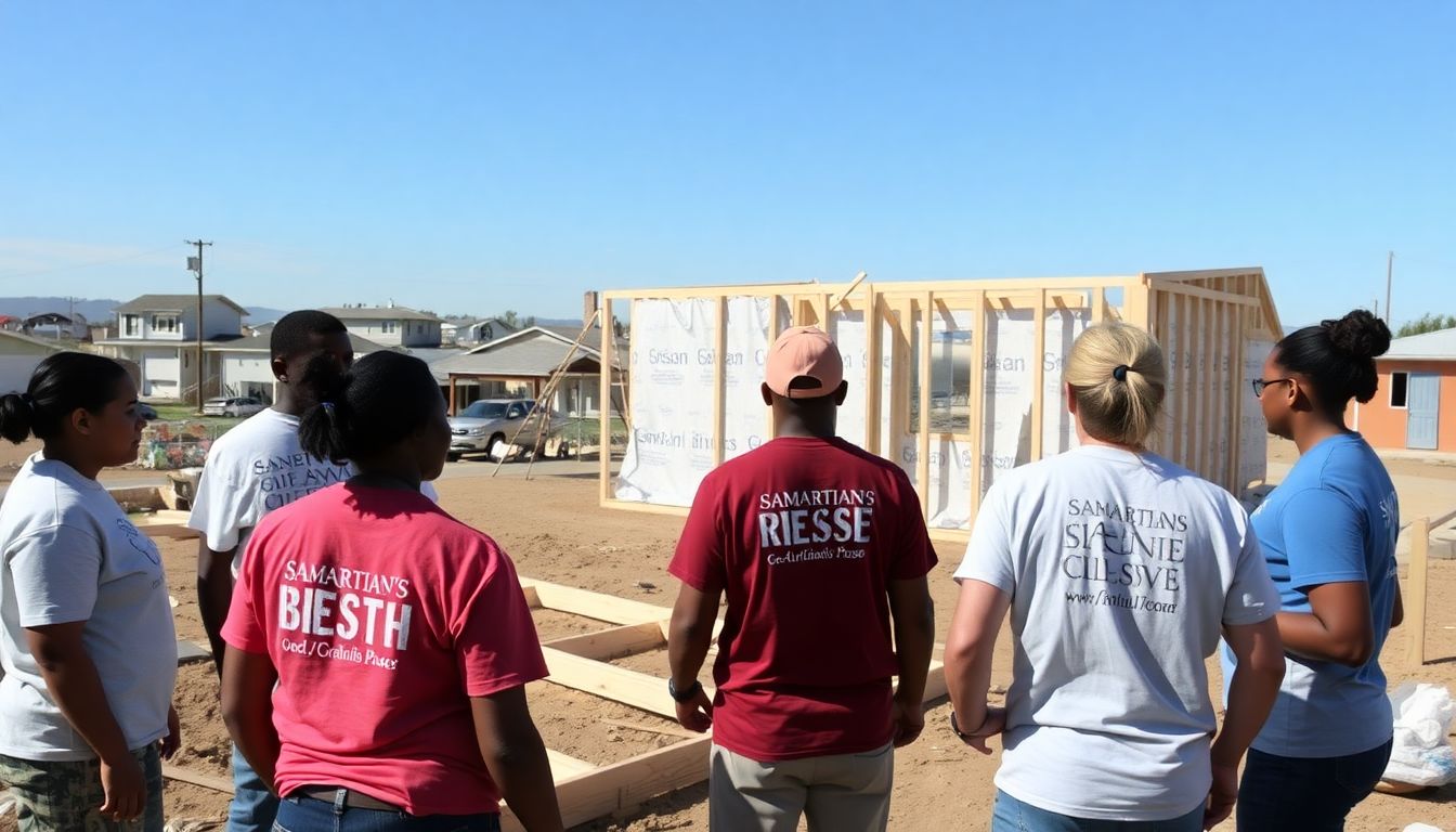 Volunteers in Samaritan's Purse shirts working together to build a new home, with a backdrop of a devastated neighborhood slowly coming back to life.