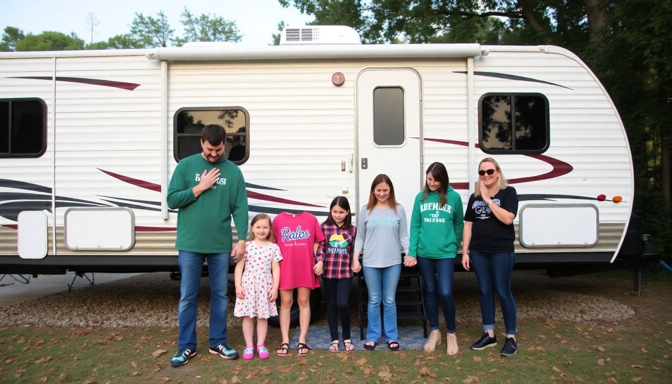 The Ray family standing in front of their new camper, holding hands and praying with Samaritan's Purse staff, surrounded by a sense of peace and hope.