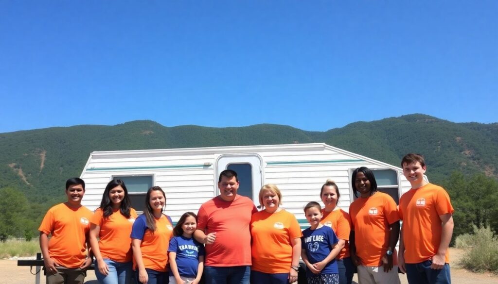 A family stands in front of their new camper home, surrounded by smiling volunteers in orange and blue shirts, with a backdrop of lush green mountains and a clear blue sky, symbolizing hope and new beginnings after the storm.