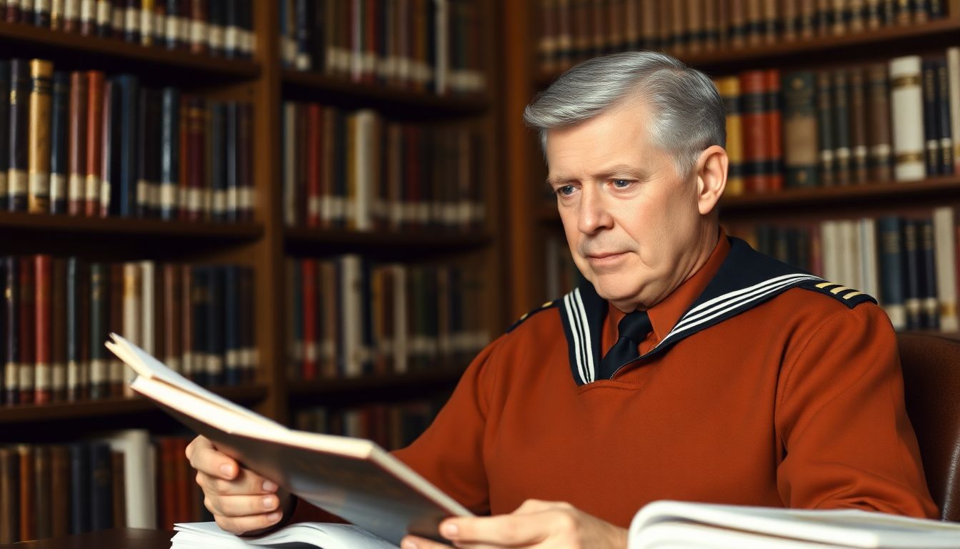 Generate an image of Jimmy Carter as a young Navy officer, studying nuclear physics texts in a library.